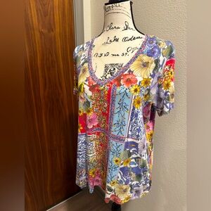 Johnny Was Lavender Pink Cream Floral Patchwork V-Neck Bamboo Swing Shirt M